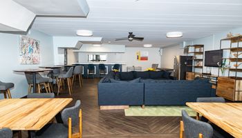 a living room filled with furniture and a ceiling fan